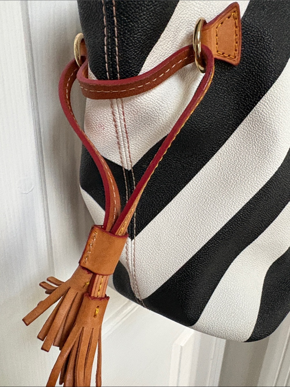 Dooney & Bourke Black and White Chevron Tote with Brown Trim - Picture 5 of 15